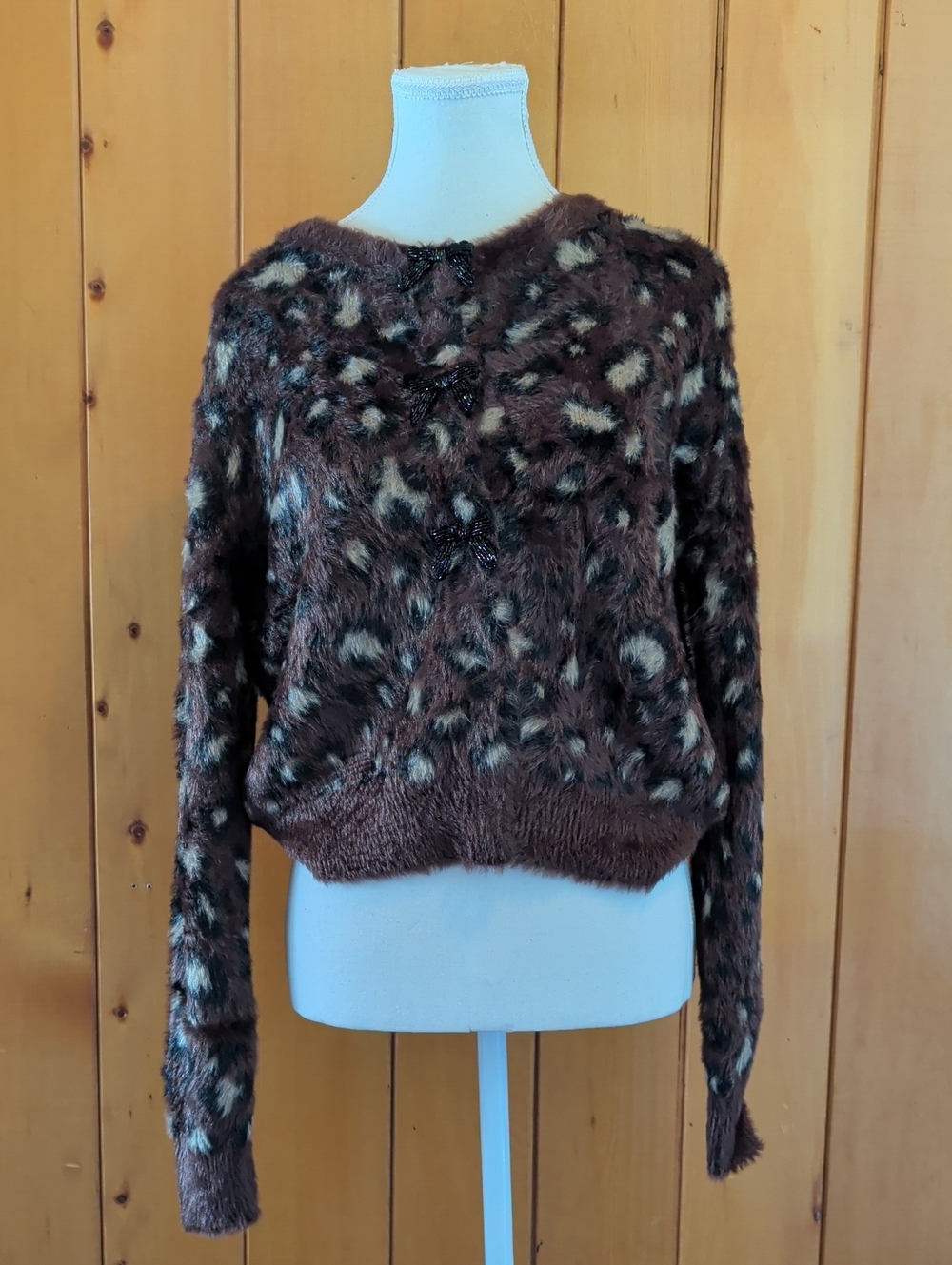 Women's Brown Leopard Print Fuzzy Crewneck Sweater